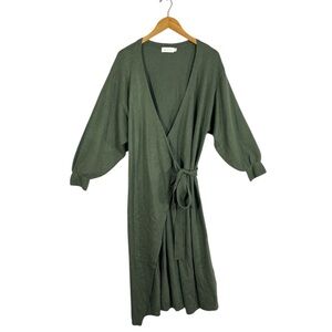 Mable Olive Green Wrap Sweater Dress With Long Puff Sleeve Midi Length Size M